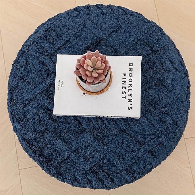 Poofieotto Unstuffed Pouf Ottoman Cover Handmade Footstool Ottoman Storage Solution Floor Pouf Footrest Cushion 20Diameter x12Height Inches for Living Room Wedding Bedroom Navy Blue No Filler