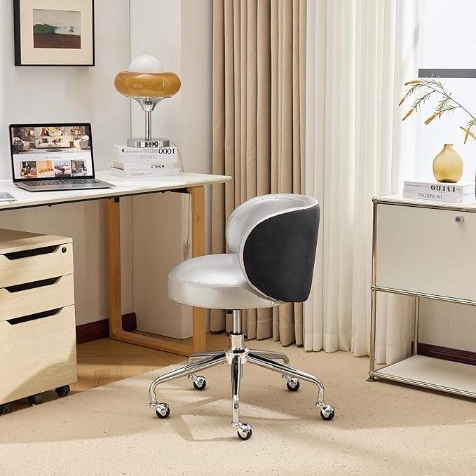 VINGLI Cute Small Swivel Desk Chair Comfy with Wheels,Ergonomic Low-Back Lumbar Support Vanity Nail Tech Rolling Task Stool Chair for Home Office,Height Adjustable,PU Leather Silver&Suede Black