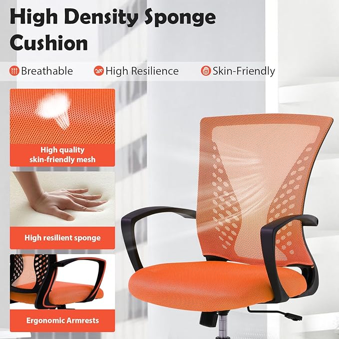 Modern Ergonomic Office Chair - Adjustable Mesh Computer Chair with Lumbar Support & Arms, Comfortable Mid Back Swivel Chair for Home Office, 360° Smooth Rolling (Orange)
