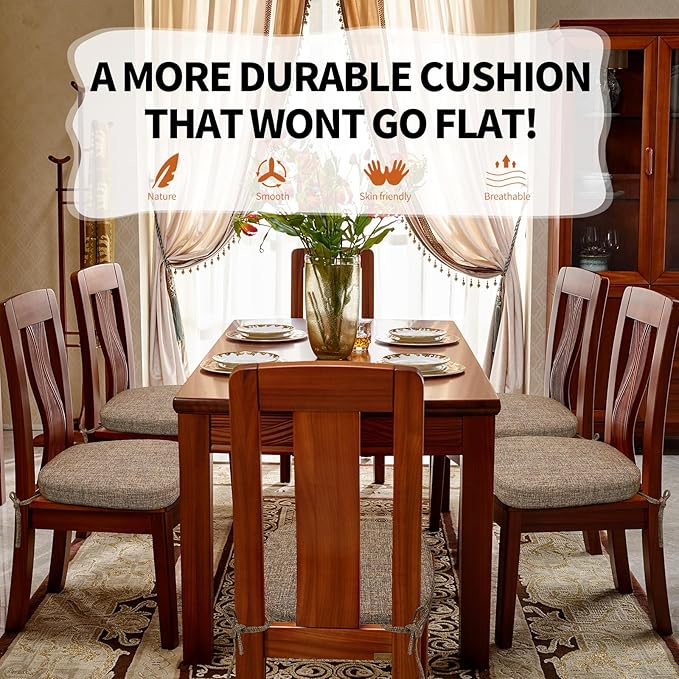 SINOSSO Thickened 2.5" Dining Chair Cushions, Soft Blended High Density Support Foam Kitchen Seat Cushions with Ties, U-Shaped Non-Slip Indoor Chair Pads, 16.5" x 16", 4 PCS, Light Brown