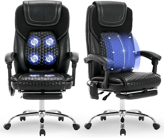 MALOL Massage Office Chair with Heat and Footrest - 3-Level 65°C Targeted Heating, 20-Min Assembly Leather Desk Chair, Big and Tall Executive Computer Chair with Side Pocket, 300 lbs, Black,Set of 2