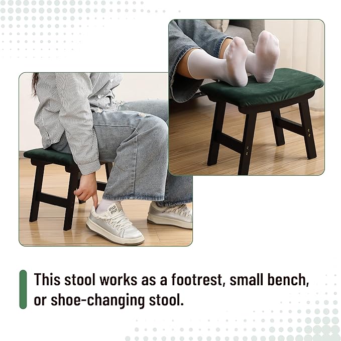 BAMBOO LAND- Bamboo Foot Stools Ottoman, Green Cushion & Black Wood Legs, Small Ottoman Foot Rest for Couch