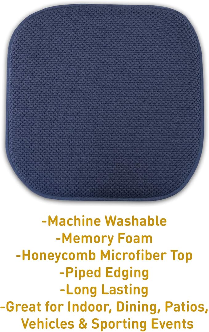 Sweet Home Collection Memory Foam Chair Cushion Honeycomb Pattern Solid Color Slip Non Skid Rubber Back Ultimate Comfort and Softness Rounded Square 16" x 16" Seat Cover,2 Pack,Navy Blue, 2 Piece