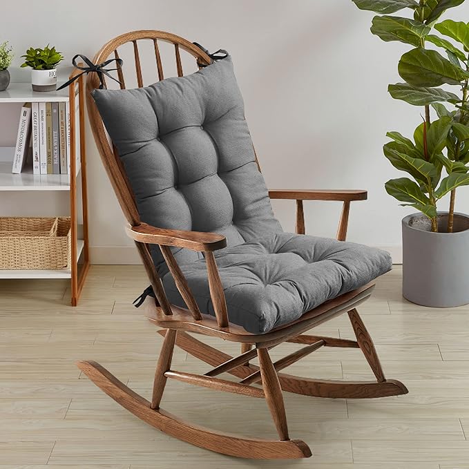 Sweet Home Collection Rocking Chair Cushion Premium Tufted Pads Non Skid Slip Backed Upper and Lower with Ties, 2 Piece Set, Gray (Pack of 1)