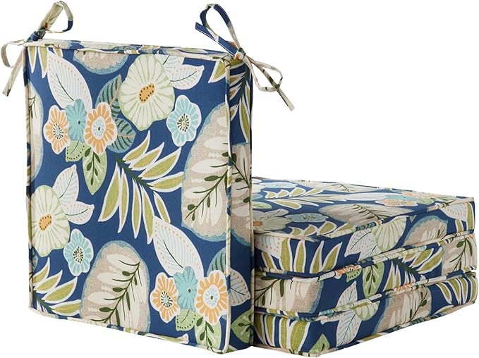 Outdoor 18 inch Square Patio Dining Chair Pads – Comfortable Fiber-Filled Seat Cushions with Ties, Reversible Polyester Fabric - Marlow Blue Floral, Set of 4