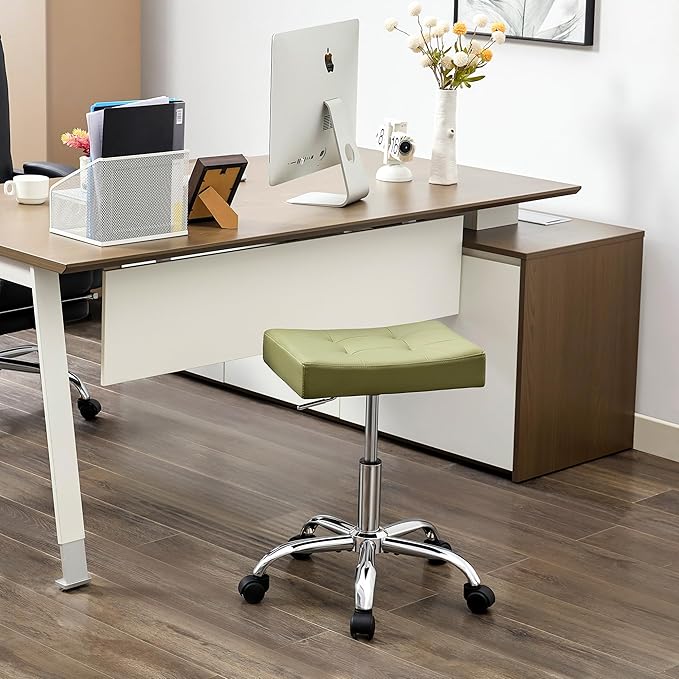 FIRAVOE Adjustable Work Stool with Wheels (300lbs Capacity) (Saddle Shaped Seat) Faux Leather Workbench Stool (Green)