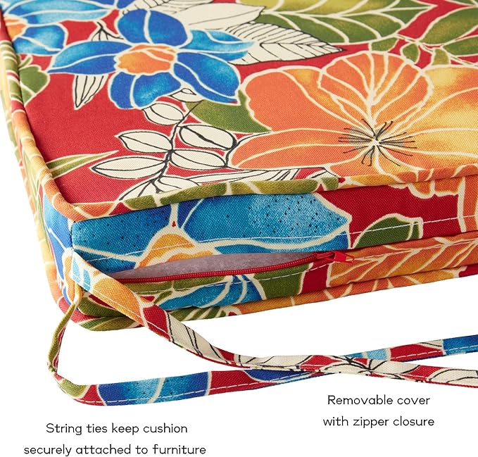 Outdoor 18 inch Square Patio Dining Chair Pads – Comfortable Fiber-Filled Seat Cushions with Ties, Reversible Polyester Fabric - Aloha Red Floral, Set of 4