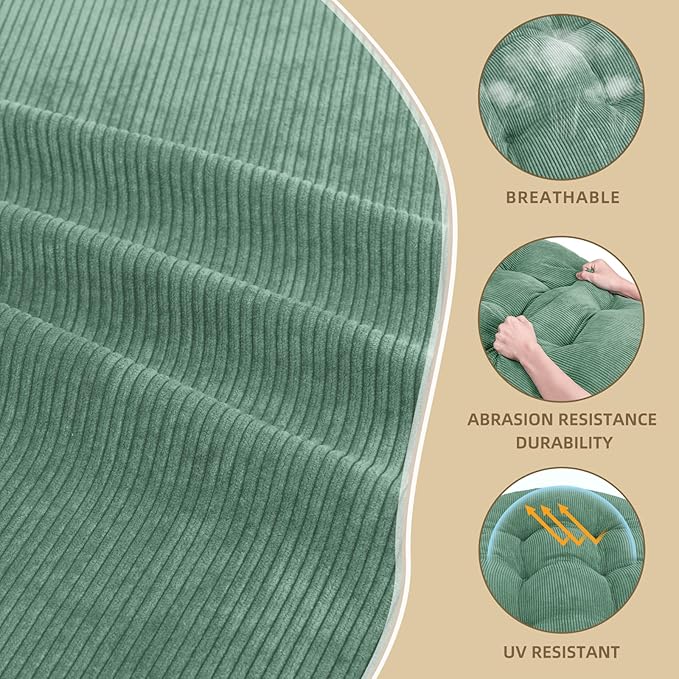 Rocking Chair Cushion - Corduroy Fabric, High-Density Sponge, Durable Comfort Non-Slip Bottom Tufted Seat Pads with Ties, Corduroy︱Sage Green, 44x19x4 inch
