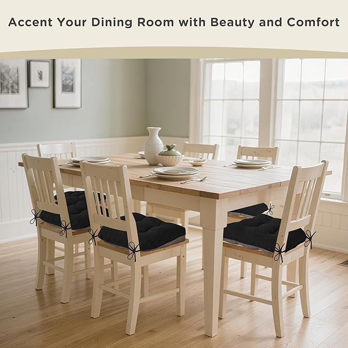 AddGrace Chair Cushions for Dining Chairs Set of 4 Kitchen Seat Cushions with Ties and Non Slip Backing Tufted Indoor Seat Pad for Kitchen Dining Room 18" x 17" x 3" Black