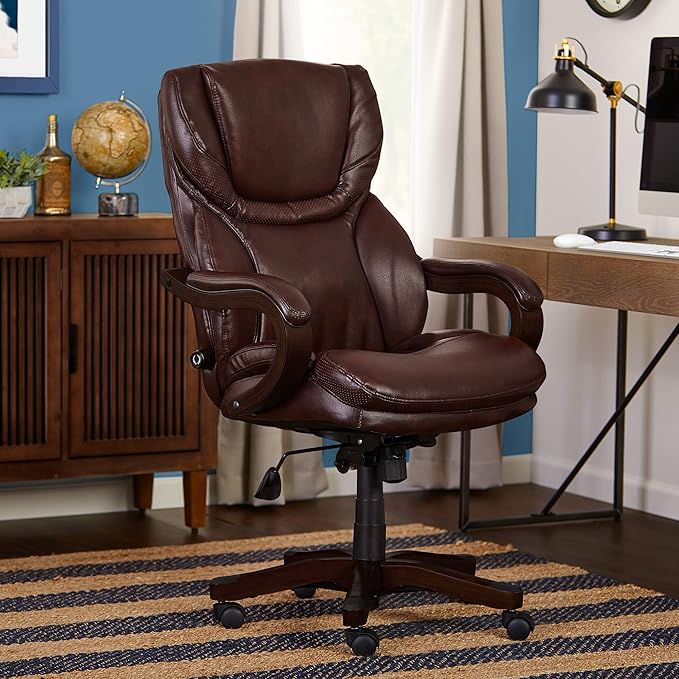 Serta Conway Big & Tall Executive Office Chair, Ergonomic High-Back with Adjustable Lumbar, Semi Plush Cushion and Body Pillows, Padded Armrests, Wooden Swivel Base, Bonded Leather, Chestnut Brown