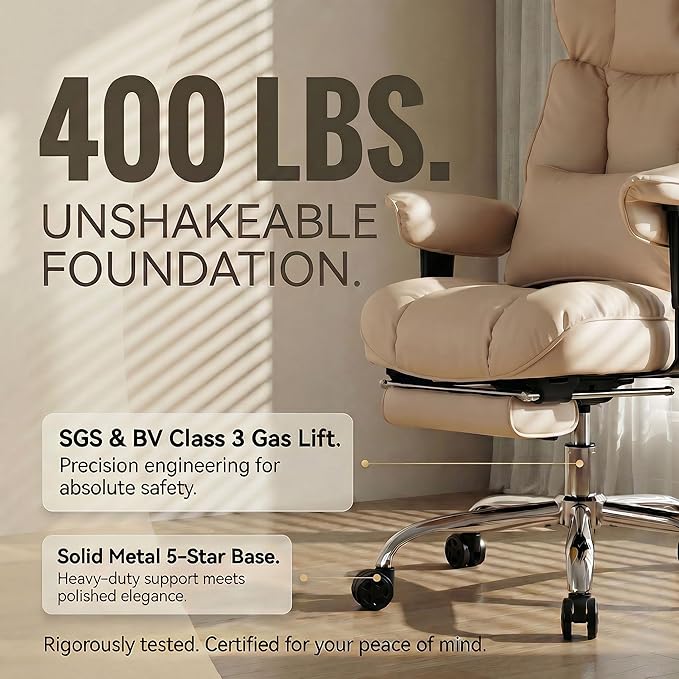 Efomao Big and Tall Office Chair 400lbs - Heavy Duty Reclining Desk Chair with Footrest, Spacious High Back PU Leather Executive Chair, Double-Layer Spring Support, Dark Beige