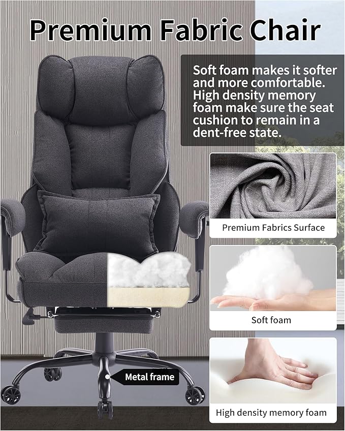 Efomao Fabric Office Chair, Big and Tall Office Chair 400 lb Weight Capacity, High Back Executive Office Chair with Foot Rest, Ergonomic Office Chair for Back Pain Relief, Dark Grey