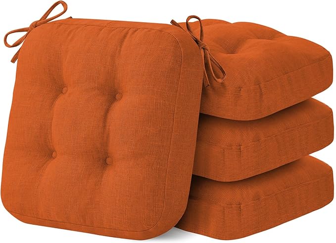 IASEAHK Chair Cushions for Dining Chairs, Dining Chair Cushions, Tufted Indoor Chair Pads with Ties & Non Slip Backing, Seat Cushions for Kitchen Chairs 16.5” x 16.5” x 3.5”, Set of 4, Orange