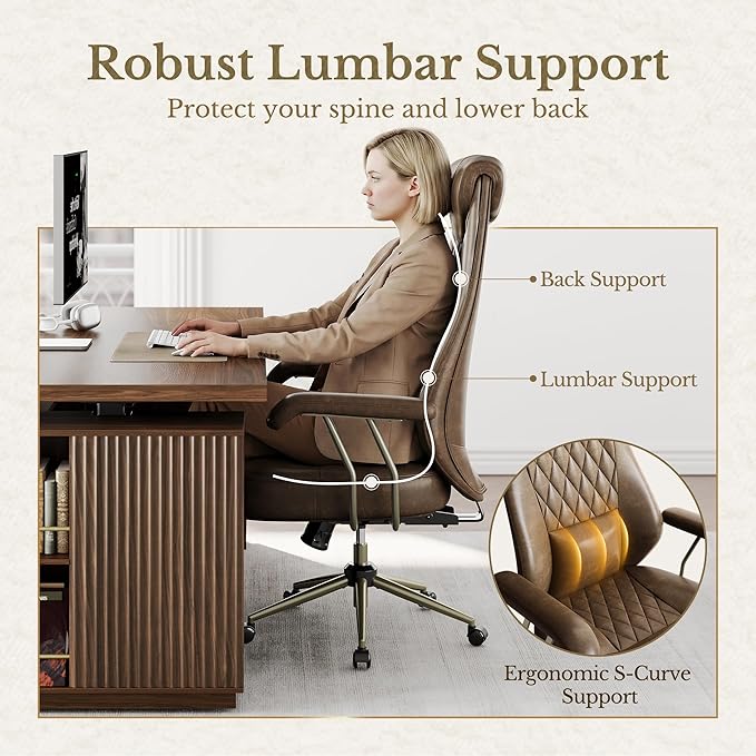 High Back Executive Office Chair, Ergonomic PU Leather Desk Chair with Integrated Headrest, Lumbar Support & Recline Function, Adjustable Swivel Computer Chair for Home Office, Brown