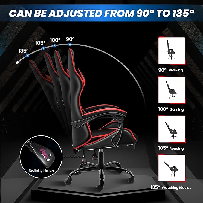 Gaming Chair, Ergonomic Computer Chair with Footrest and Lumbar Support, 90°–155° Reclining Backrest, Height Adjustable 360° Swivel Office Desk Chair for Adults and Kids