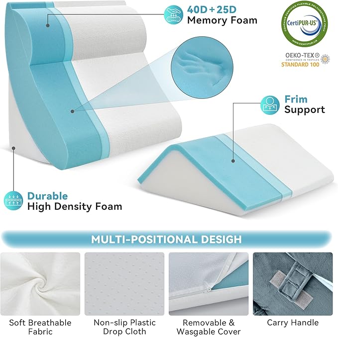 Kingfun 4PCS Orthopedic Bed Wedge Pillow Set for After Surgery, Memory Foam Support Pillow for Back, Neck and Leg Pain Relief, Adjustable Triangle Pillow - Acid Reflux, Anti Snoring & GERD