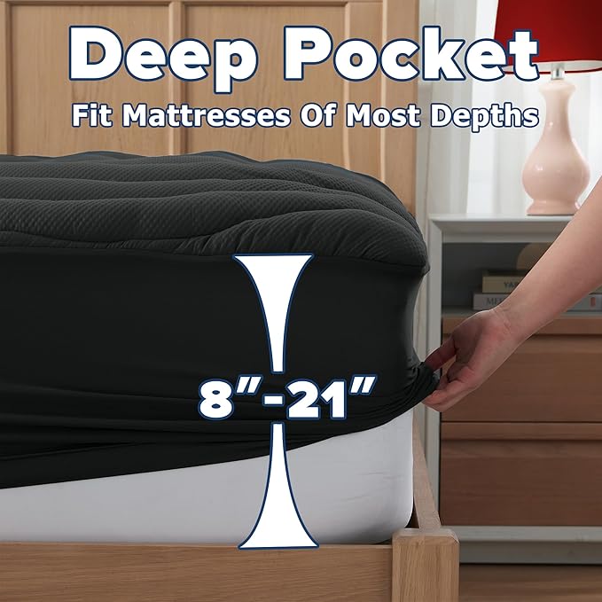 ELVEN HOME King Mattress Pad for Back & Hip Pain Relief, Pillow Top Cooling Bed Topper Quilted Fitted, Hotel Quality Deep Pocket Soft King Mattress Protector Cover Washable (78x80 inch, Black)