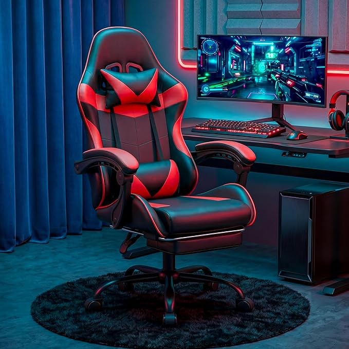 Gaming Chair, Ergonomic Computer Chair with Footrest and Lumbar Support, Height Adjustable Office Chair with 360° Swivel Seat and Headrest (Red & Black)