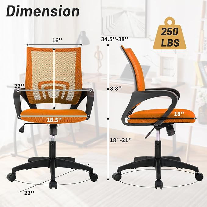 Modern Orange Mesh Ergonomic Office Chair with Lumbar Support, Adjustable Rolling Home Office Desk Chair