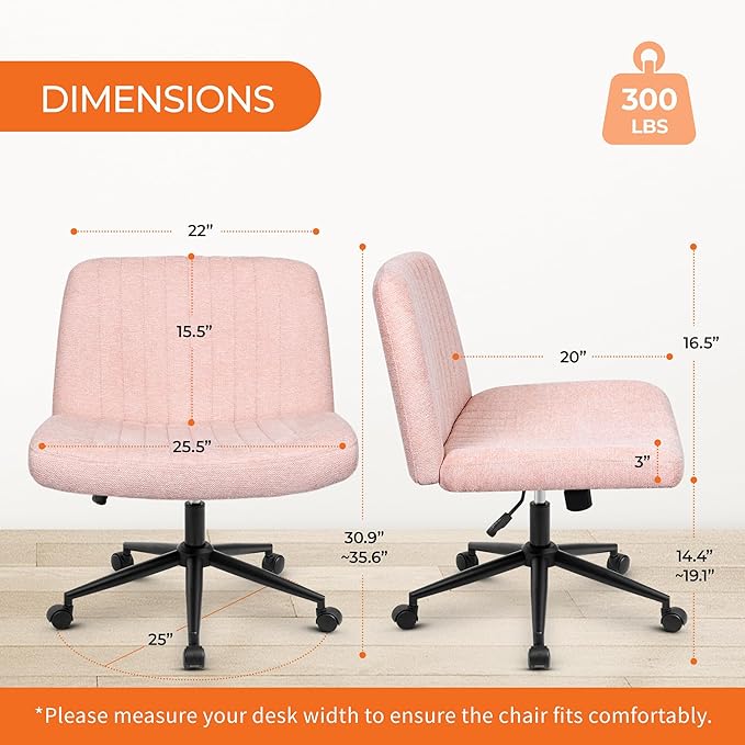 Orange Factory Criss Cross Chair Wheels Wide Cross Legged Office Desk Vanity Dual Base Comfy Fabric Armless Adjustable Swivel for Home Computer Task (Pink Dual Base, Fabric)