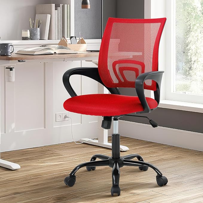 Ergonomic Office Chair Mesh Mid Back with Lumbar Support Armrest, Adjustable Home Desk Chair Comfy Computer Task Drafting Rolling Swivel Chairs for Gaming, Home Work, Study, Red