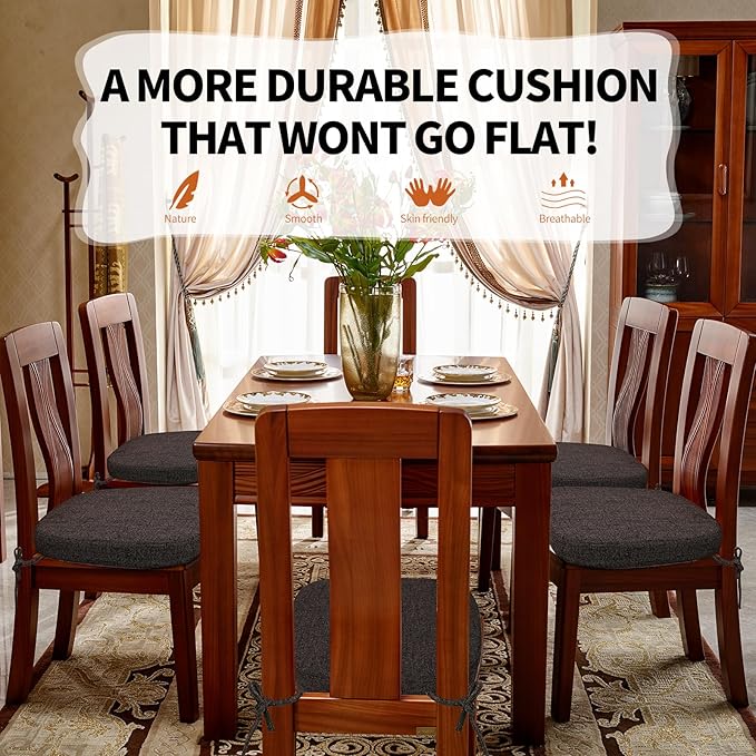 SINOSSO Thickened 2.5" Dining Chair Cushions, Soft Blended High Density Support Foam Kitchen Seat Cushions with Ties, U-Shaped Non-Slip Indoor Chair Pads, 16.5" x 16", 2 PCS, Dark Brown