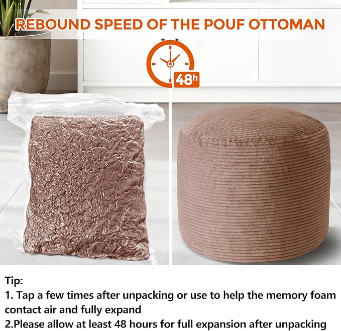 26" x 26" x 18" Pouf Ottoman Foot Rest, Pre-Stuffed Round Foot Stool with Odorless Shredded Memory Foam, Furry & Fluffy Corduroy Footrest for Living Room, Brown