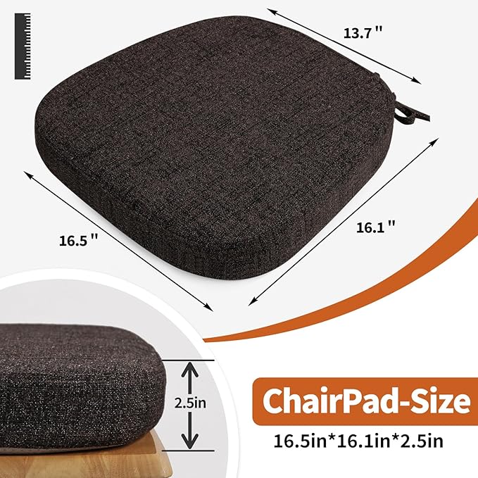 SINOSSO Thickened 2.5" Dining Chair Cushion, Soft Blended High Density Support Foam Kitchen Seat Cushion with Ties, U-Shaped Non-Slip Indoor Chair Pad, 16.5" x 16", 1 PCS, Dark Brown