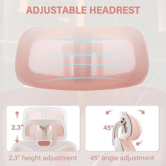 Ergonomic Office Chair with Footrest, High Back Computer Office Chair with Dynamic Lumbar Support, 2D Headrest, 2D Armrest, Sponge Seat, Mesh Home Office Desk Chair for Adults, Pink