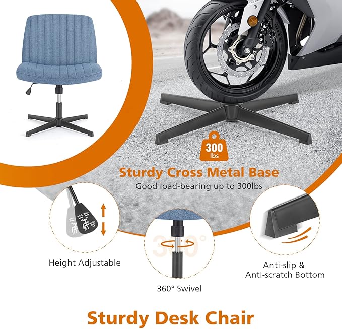 Sweetcrispy Criss Cross Chair Legged, Armless Office Swivel Desk Chairs No Wheels, Vanity Height Adjustable Wide Seat Comfy Cute Computer Task Seating for Home Bedroom,Blue