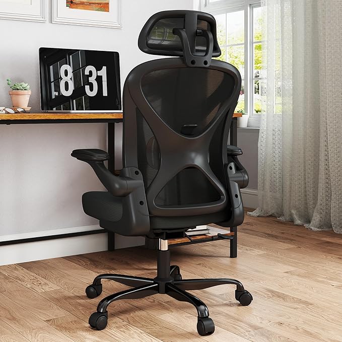 Ergonomic Office Chair, Mesh Fabric Home Office Chairswith Adjustable Lumbar Support, Headrest, 360° Swivel, and Flip-UpArmrests, Black