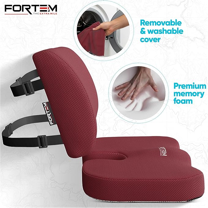 FORTEM Seat Cushion, Office Chair Cushion, Lumbar Support Pillow for Office Chair, Memory Foam Car Seat Cushions, Sciatica Coccyx Tailbone Pain Relief, Cushions for Back Support, Washable, Non Slip