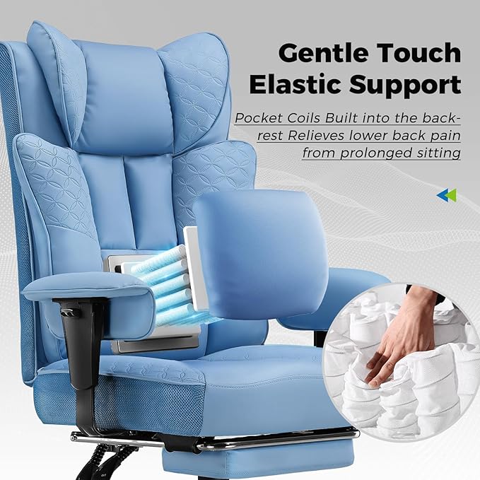 GTPLAYER Big and Tall Office Chair, Wide Ergonomic Gaming Chair with Deluxe Embossing Designed Leather with Foot Rest,150°Reclining Adjustable Soft Armrests Pocket Spring Back Support and Pillow