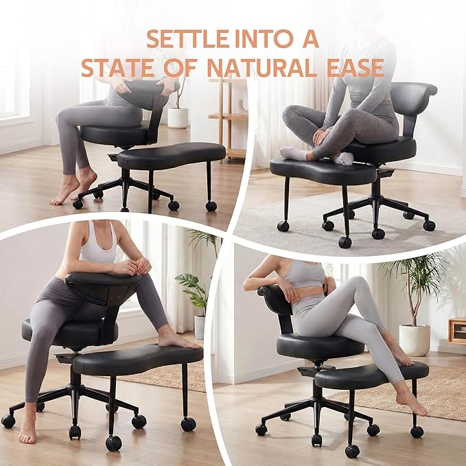Ergonomic Cross Legged Office Chair with Lumbar Support, 360° Swivel Meditation Chair with Wheels - Adjustable Height for ADHD Desk & Yoga, Wide Criss Cross Chair, Kneeling Chair for Home, Black