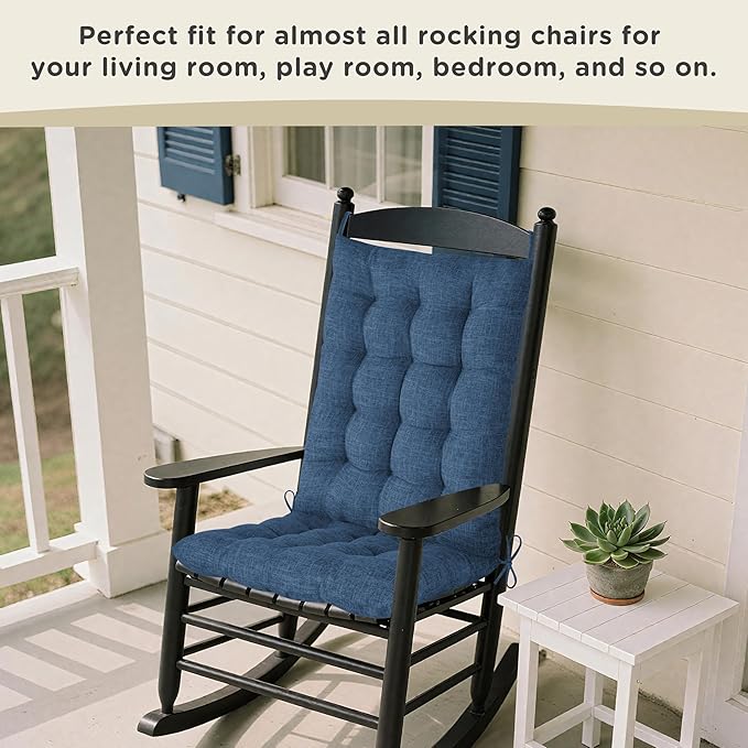AddGrace Rocking Chair Cushions Indoor Tufted Cushions for Rocking Chairs with Ties Comfortable Textured Fabric Set of Seat & Back Cushion 21x17/17x17 Navy