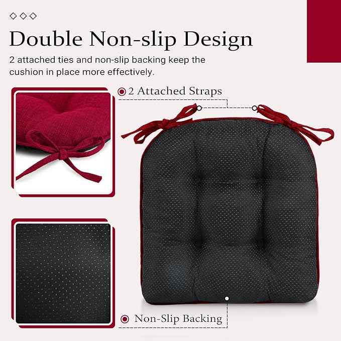 Wellsin Chair Cushions for Dining Chairs, Non-Slip Kitchen Chair Pads with Ties, Tufted Shredded Foam Kitchen Chair Cushions Set of 2, 15.5" X 15.5", Red