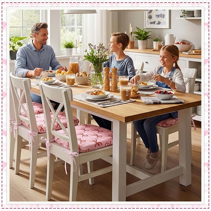 6 Pack Pink Bow Chair Cushions for Dining Chairs 17" x 16" x 2" D-Shaped Breathable Linen Kitchen Chair Pads with Ties Washable Non Slip Seat Cushion for Dining Kitchen Office Indoor