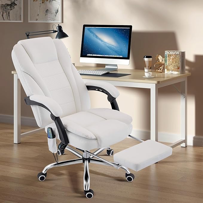 TonghuaS Massage Office Chair with Foot Rest Vibration and Heating, 90-130° Reclining Desk Chair, Ergonomic Reclining Computer Gaming Leather Chair(White)