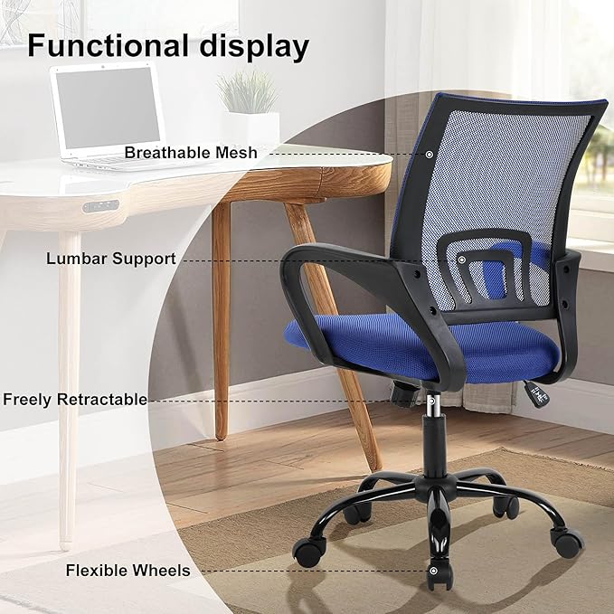 Computer Desk Chair,Work Chairs for Home Office,Ergonomic Office Chair with Lumbar Support,Mesh Office Chair with Arm and Wide Comfortable Seat,Adjustable Rolling Office Chair,Blue