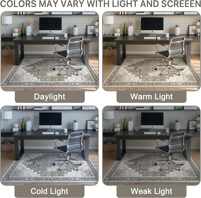 48"x60" Office Chair Mat for Hardwood Tile Floor, Under Desk Carpet Protector for Rolling Computer Chair Mat, Machine Washable Area Rug, Anti-Slip 1/5" Thick Low Pile Thin Vinyl Floor Mat, Tawny Grey