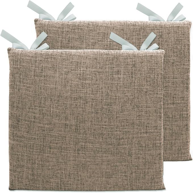 Lifup 2 Pack Chair Cushion Memory Foam Pads, Square Non-Slip Thick Dining Chair Cushions with Ties and Removable Cover for Home Office Restaurant Chair Pads Brown 15 x 14 Inch