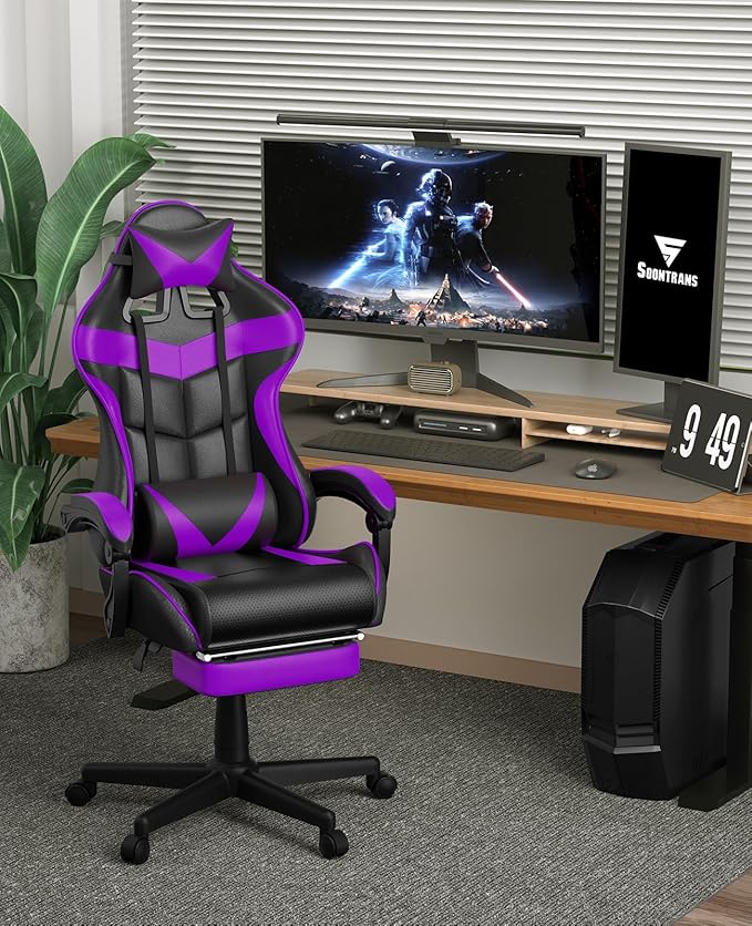 Soontrans Purple Gaming Chair with Footrest, Ergonomic Gamer Chair, Video Game Chairs with Adjustable Headrest, Removable Lumbar Support Office Chair, Game Chairs for Adults Teens(Purple)