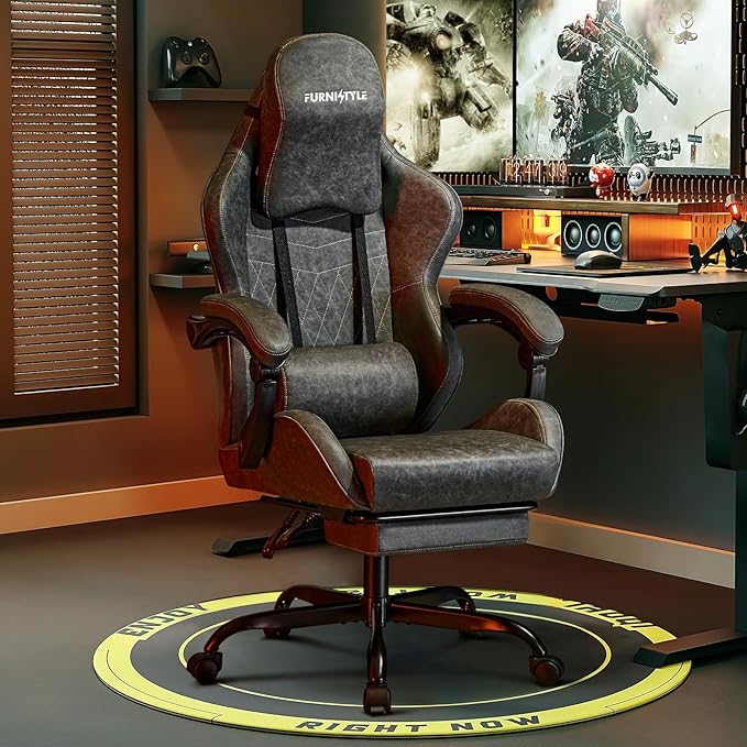 Gaming Chair Video Game Chairs with Large Headrest, Linkage Armrests, Retro PU Leather Ergonomic Computer Chair for Gaming or Office, Grey
