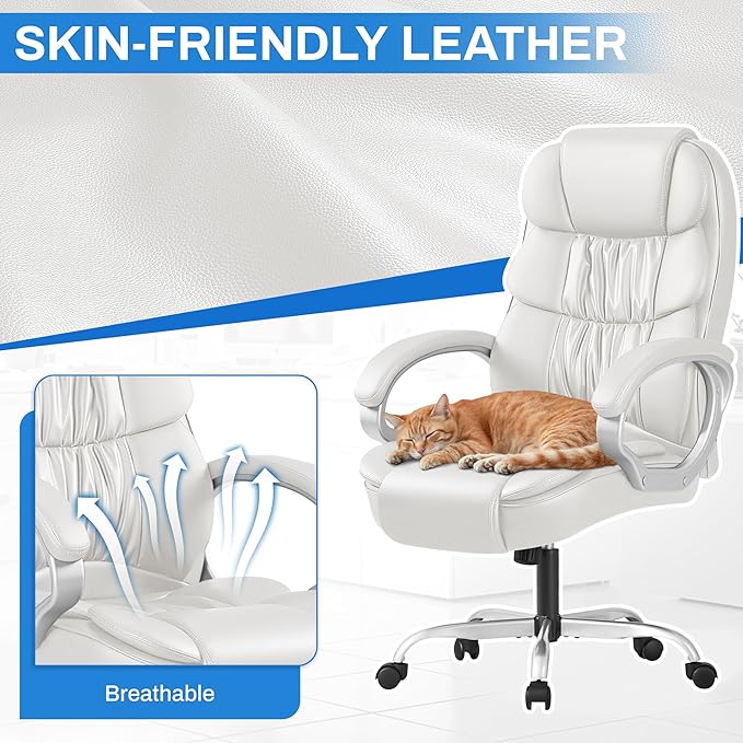 Furmax Leather High Back Office Chair Ergonomic Executive Office Chair Swivel Computer Desk Chair Lumbar Support Soft Cushioned Padded Arms (White)