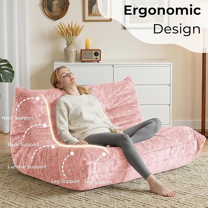 HABUTWAY Bean Bag Chair, Giant Bean Bag Chairs for Adults, Loveseat Fireside Chair, 2 Seater Lazy Bean Bag Sofa Memory Foam Couch for Living Room, Bedroom, Office (Pink)