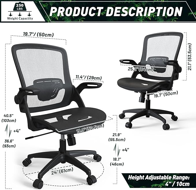 Mesh Seat Home Office Desk Computer Chair, Black, Height Adjustable Back Support with Flip Up Arms, Swivel Wheels for Adult