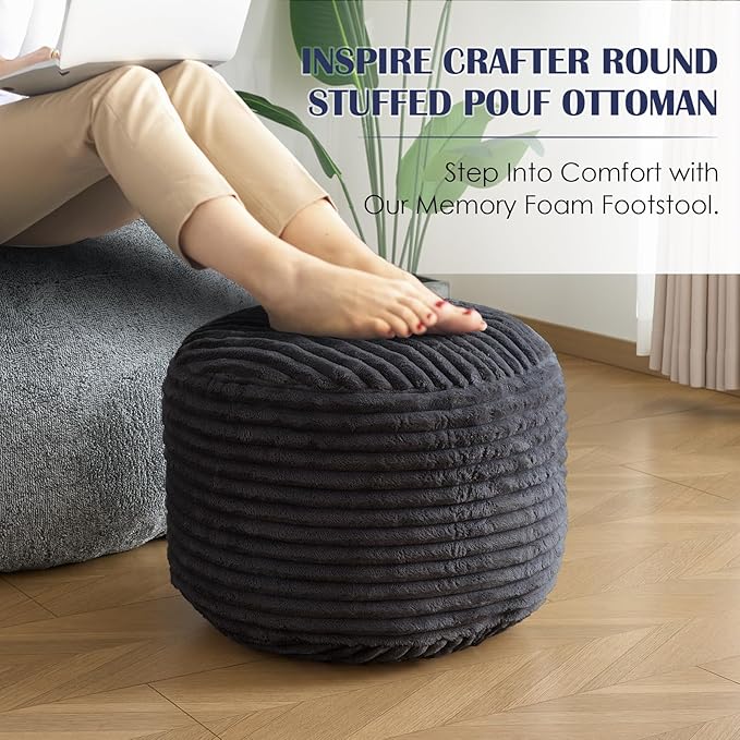 Round Ottoman,Corduroy Pouf Ottoman Foot Rest,Storage Footstool for Living Room,20x15 Soft Floor Poufs,Memory Foam Filling - Dark Grey, 20x15 in