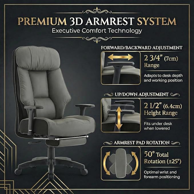 Big and Tall Office Chair 400lbs, Premium PU Leather Executive Chair with Extra Wide Saddle Seat for Cross Legged, 3D Armrests, Footrest, Heavy Duty Ergonomic Reclining Desk Chair (Grey)