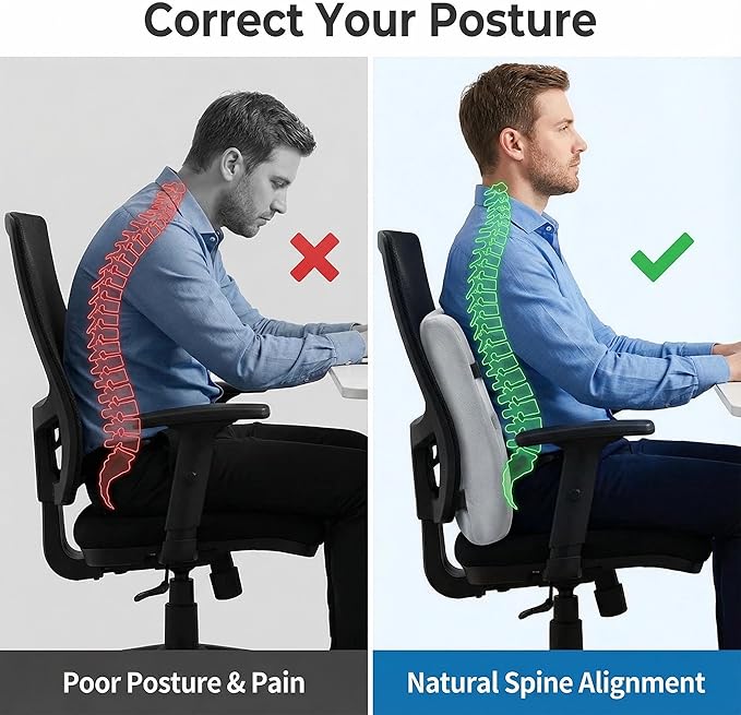 Poshetion Lumbar Support Pillow for Office Chair & Car – Memory Foam Back Cushion with Adjustable Straps & Breathable Mesh Cover（Light Grey）