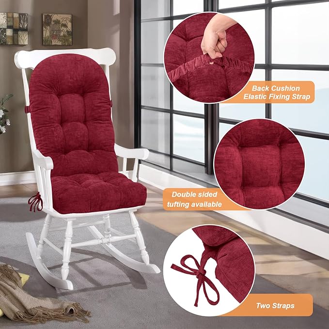 Rocking Chair Cushion - Chenille Fabric, High-Density Sponge, Durable Comfort Double-Sided Tufted Seat Pads with Ties, Chenille︱Deep Red, 44x19x4 inch